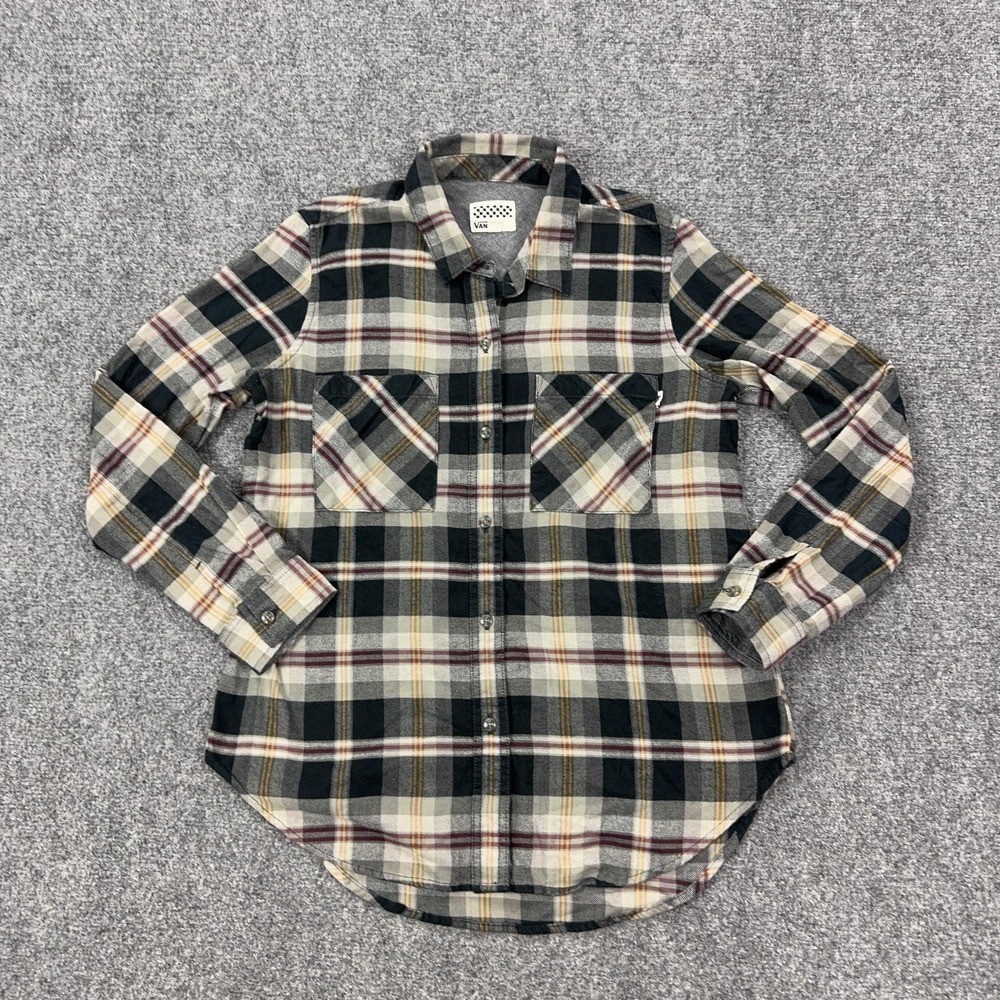 Vans Shirt Womens Medium Black Gray Plaid Flannel Cotton Long Sleeve Button-Up